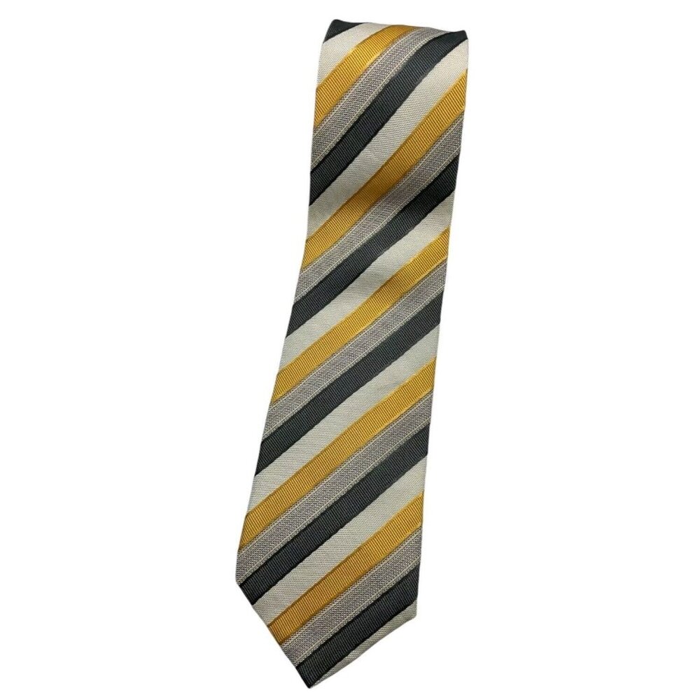 CORNELIANI Men's Silk Cotton Necktie LUXURY Tie XL Gray Gold Striped W:3.8" EUC